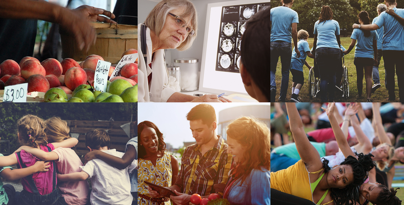 six scenes representing healthy lifestyles